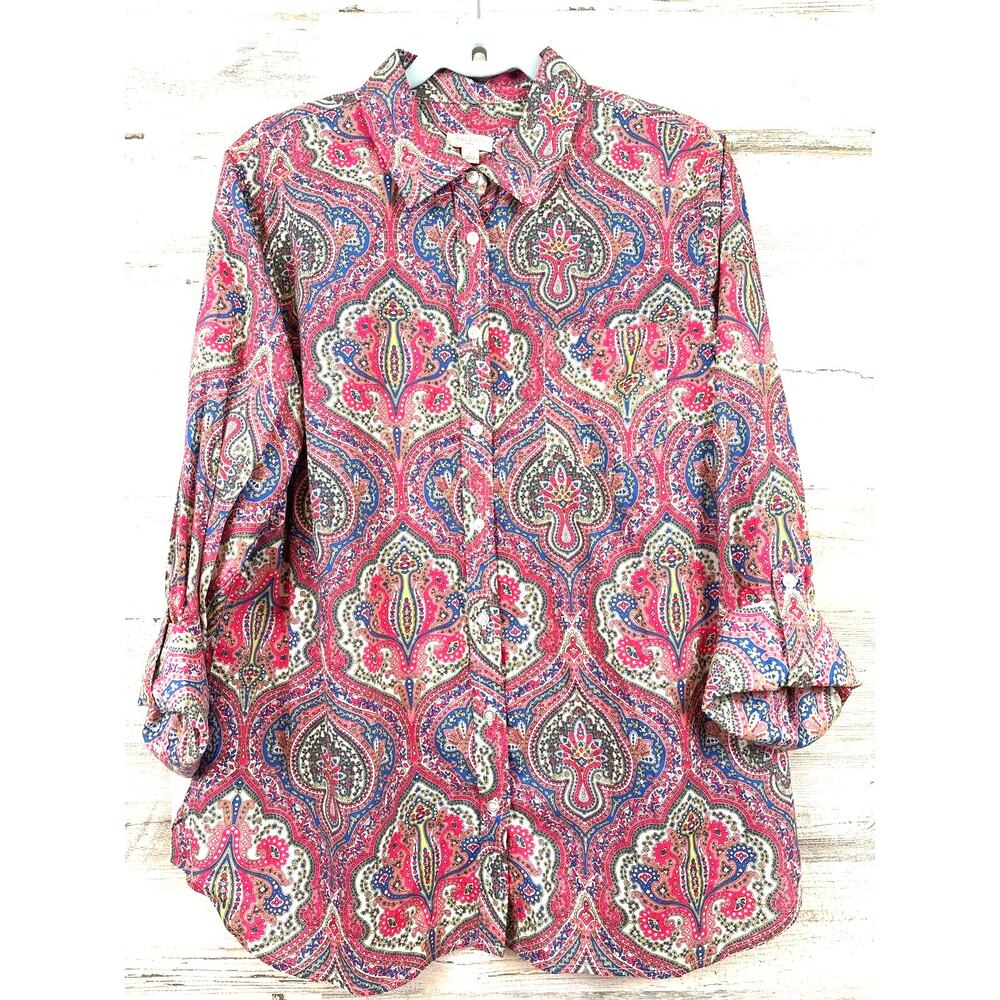 Talbots Vibrant Moroccan Print Button Up Shirt Womens L Boho Relaxed